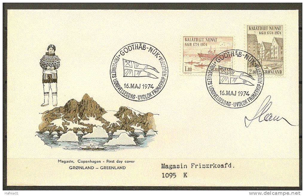 Czeslaw Slania. Greenland 1974. Royal Greenlandic Trade. Michel 88-89 FDC. Signed. - FDC