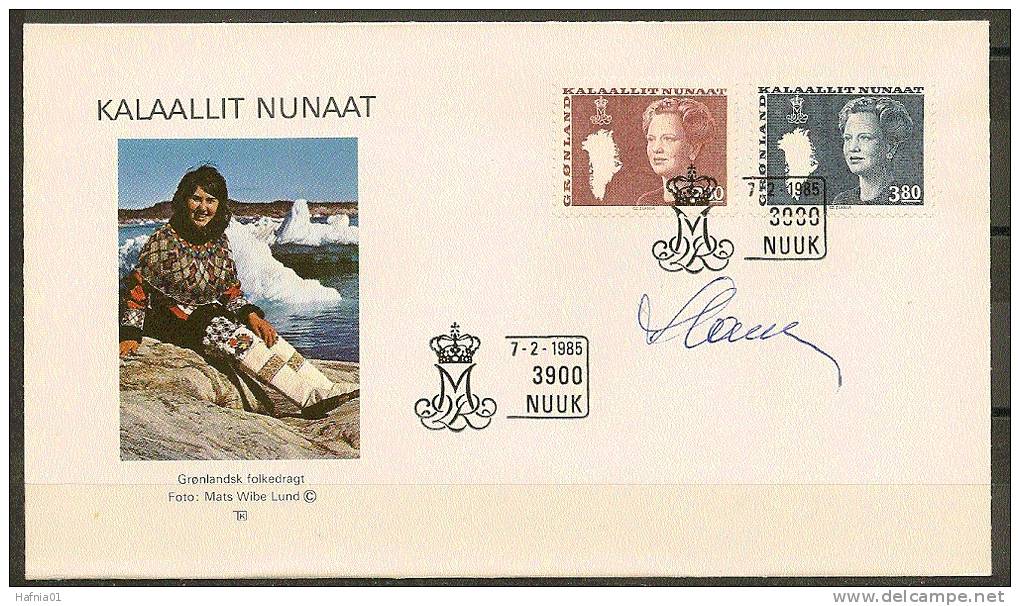 Czeslaw Slania. Greenland 1985. Queen Margrethe II. Michel 155-56 FDC.  Signed. - FDC