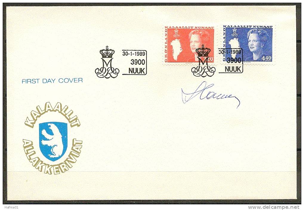 Czeslaw Slania. Greenland 1989. Queen Margrethe II. Michel 189-90 FDC.  Signed. - FDC