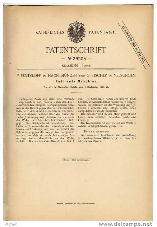 Original Patentschrift - G. Tischer In Hann. Münden Und Melsungen , 1886 , Rotierende Maschine , Dampfmaschine !!! - Maschinen