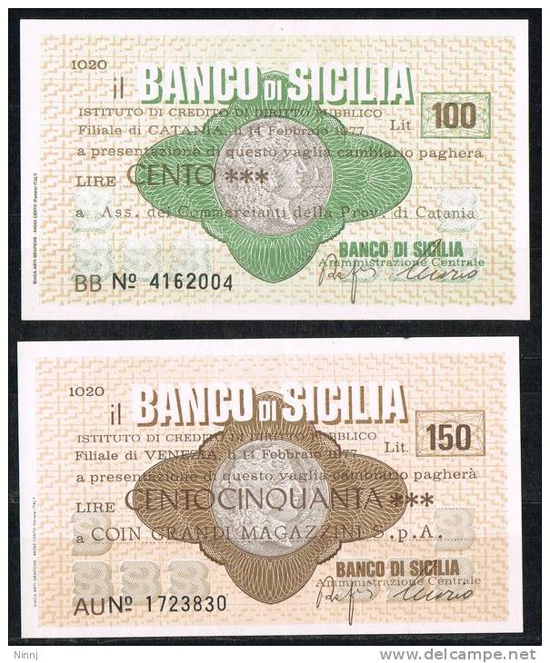 Italia Coppia Miniassegni FDS Il Banco Di Sicilia £.100 £. 150  14.2.1977 (doppia Scansione) - [10] Assegni E Miniassegni
