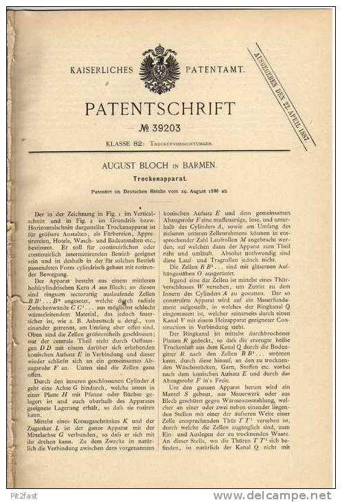 Original Patentschrift -  A. Bloch In Barmen , Trockenapparat , 1886 !!! - Tools