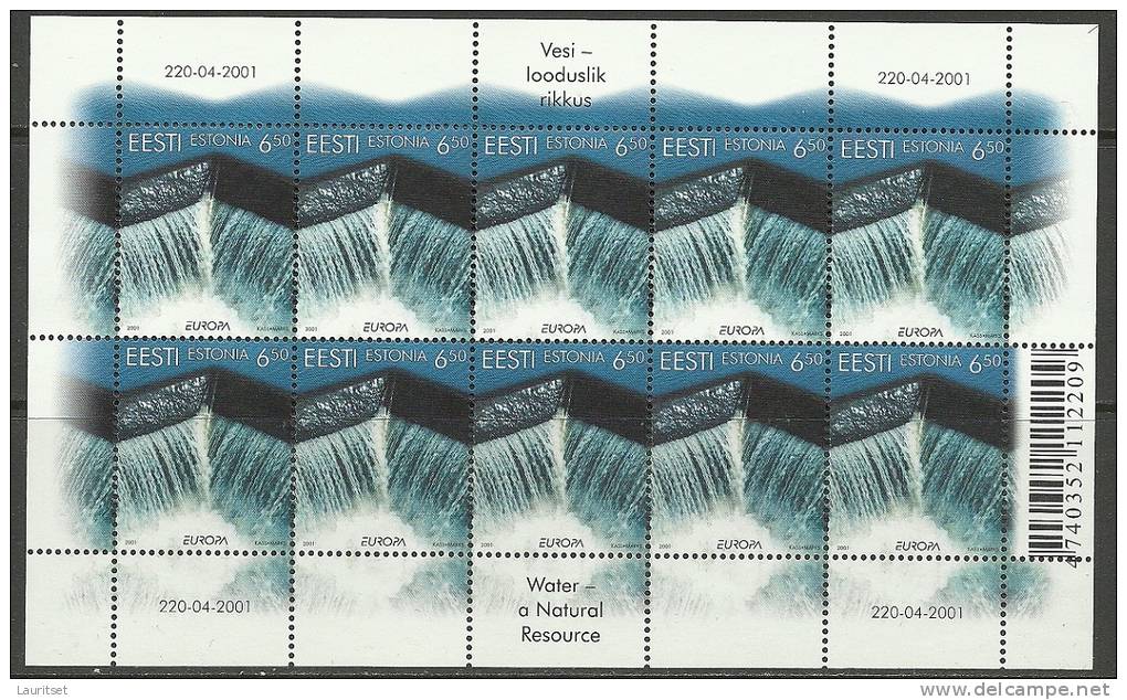 ESTLAND ESTONIA Estonie 2001 Europa/CEPT Wasser Water Complete Sheet Of 10 Michel 399 MNH - 2001