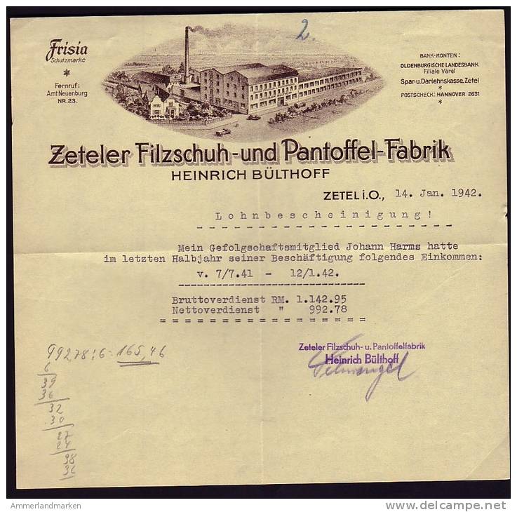 Zeteler Filzschuh- Und Pantoffelfabrik Heinrich Bülthoff , Zetel I. Oldenburg, Alte Bescheinigung Von 1942 !! - Sonstige & Ohne Zuordnung