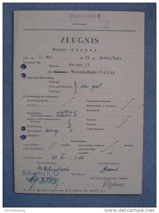 Zeugnis Handelsschule II Hamburg Von 1948 Sabepha KG Galliat & Paris - Diplomas Y Calificaciones Escolares