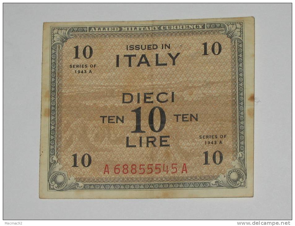 10 Dieci Lire Italy 1943 .- Allied Military Currency - Série 1943 **** EN ACHAT IMMEDIAT **** - Occupation Alliés Seconde Guerre Mondiale