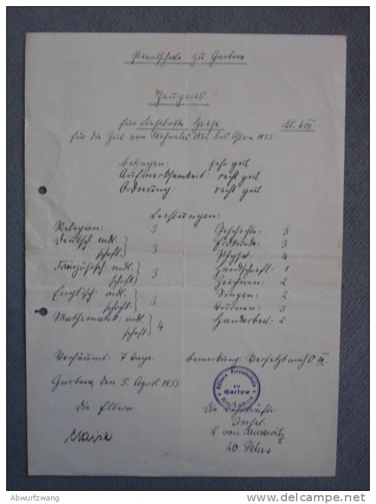 Zeugnis Schulzeugnis Privatschule Gartow Kreis Lüchow Von 1933 - Diploma's En Schoolrapporten