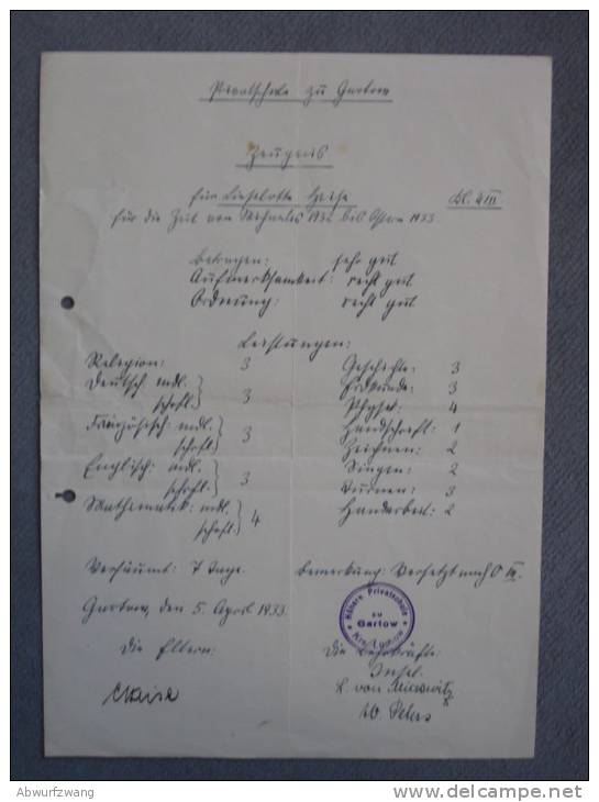 Zeugnis Schulzeugnis Privatschule Gartow Kreis Lüchow Von 1933 - Diplomas Y Calificaciones Escolares