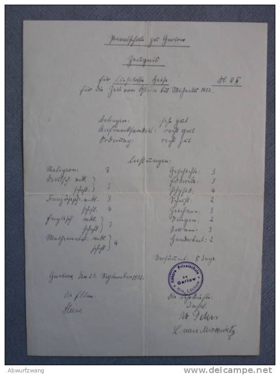 Zeugnis Schulzeugnis Privatschule Gartow Kreis Lüchow Von 1932 - Diplomas Y Calificaciones Escolares