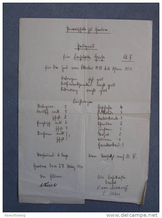 Zeugnis Schulzeugnis Privatschule Gartow Kreis Lüchow Von 1931 - Diplomas Y Calificaciones Escolares