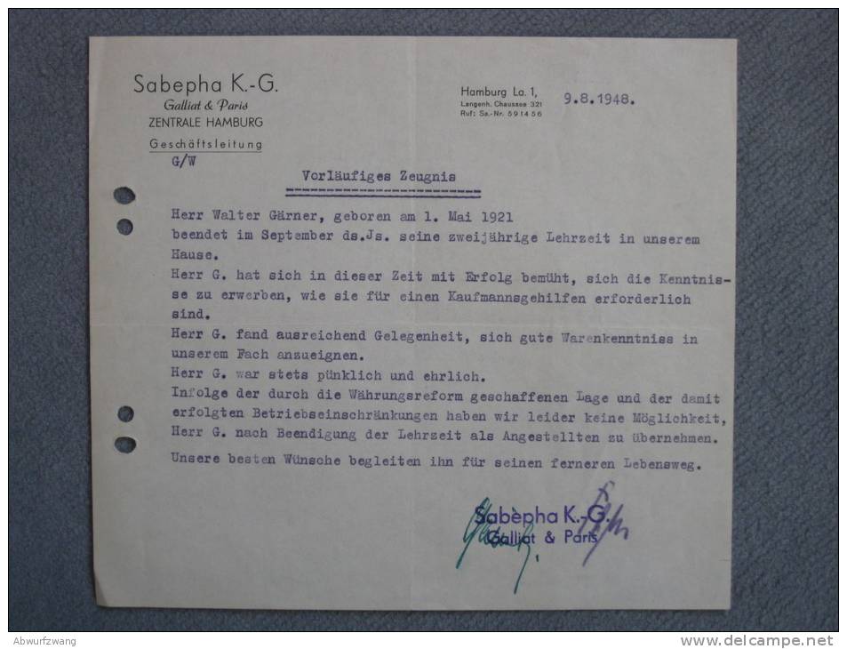 Arbeitszeugnis Zeugnis Hamburg 1948 Sabepha KG Galliat & Paris - Diplomi E Pagelle