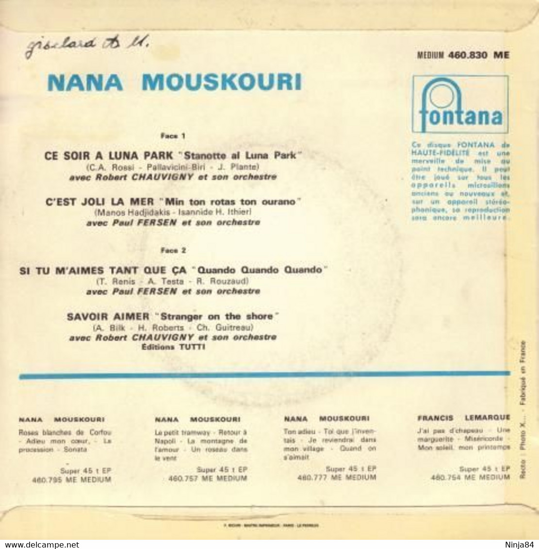 EP 45 RPM (7")  Nana Mouskouri  "  Ce Soir à Luna Park  " - Other - French Music