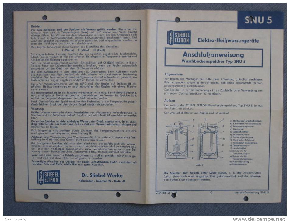 Anschlussanweisung Für Stiebel Eltron SNU 5 Von 1967 - Andere Geräte