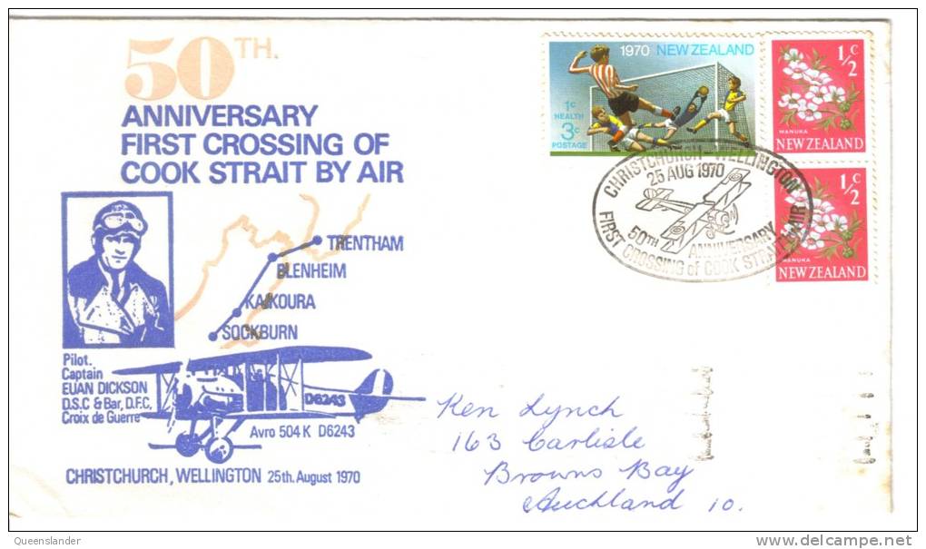 50th Ann First Crossing Of Cook Strait By Air Cover Christchurch Wellington 25th August 1970 - Poste Aérienne