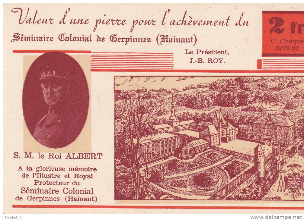 GERPINNES HAINAUT SOUSCRIPTION POUR LA CONSTRUCTION DU SEMINAIRE COLONIAL  TRES BON ETAT  ! ! ! - Gerpinnes