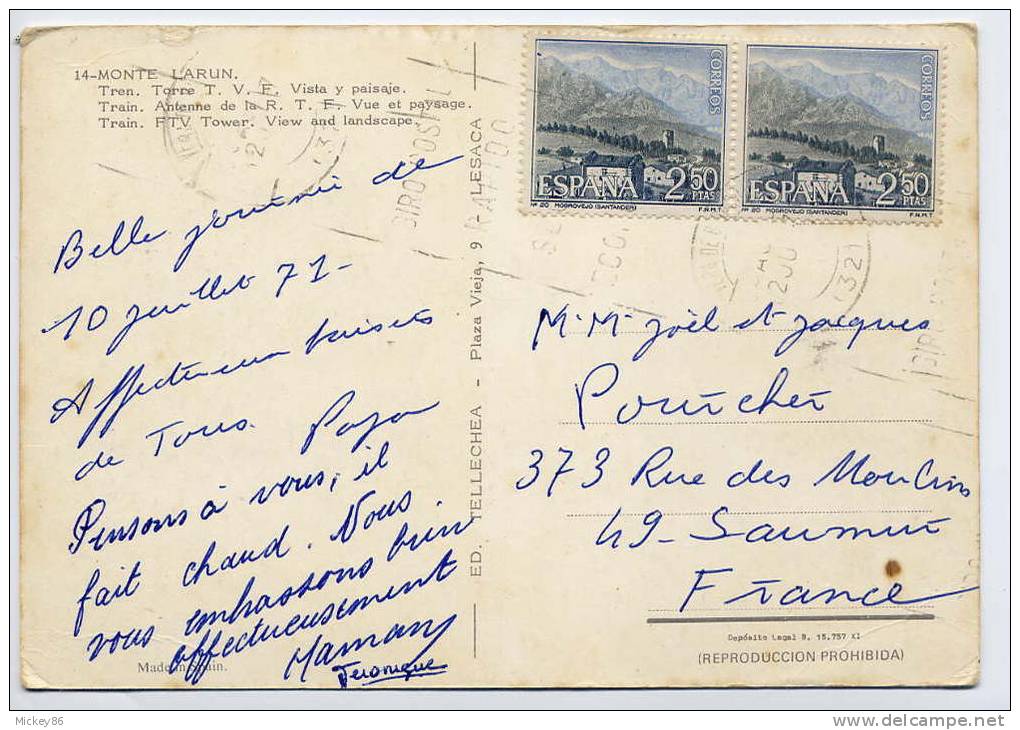 Espagne-1971- Paire  Horizontale Tp N°20  "MOGROVEJO" (Santander) Sur Carte Postale Pour La France-tarif International- - Lettres & Documents