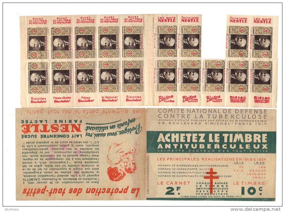 Carnet De 19 Timbres Contre La Tuberculose, Calmette, 1934, Nestle, Lait, Bledine, Blecao, Heudebert, Pas De Calais - Tuberkulose-Serien