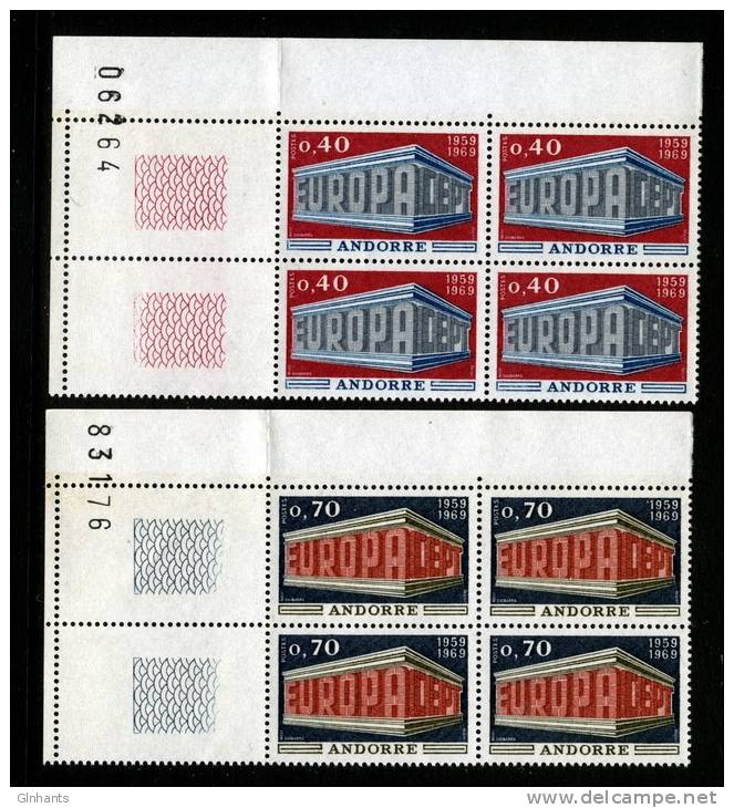 FRENCH ANDORRA - 1969 EUROPA CEPT SET OF 2 STAMPS TOP LEFT BLOCK OF 4 FINE MNH ** - 1969