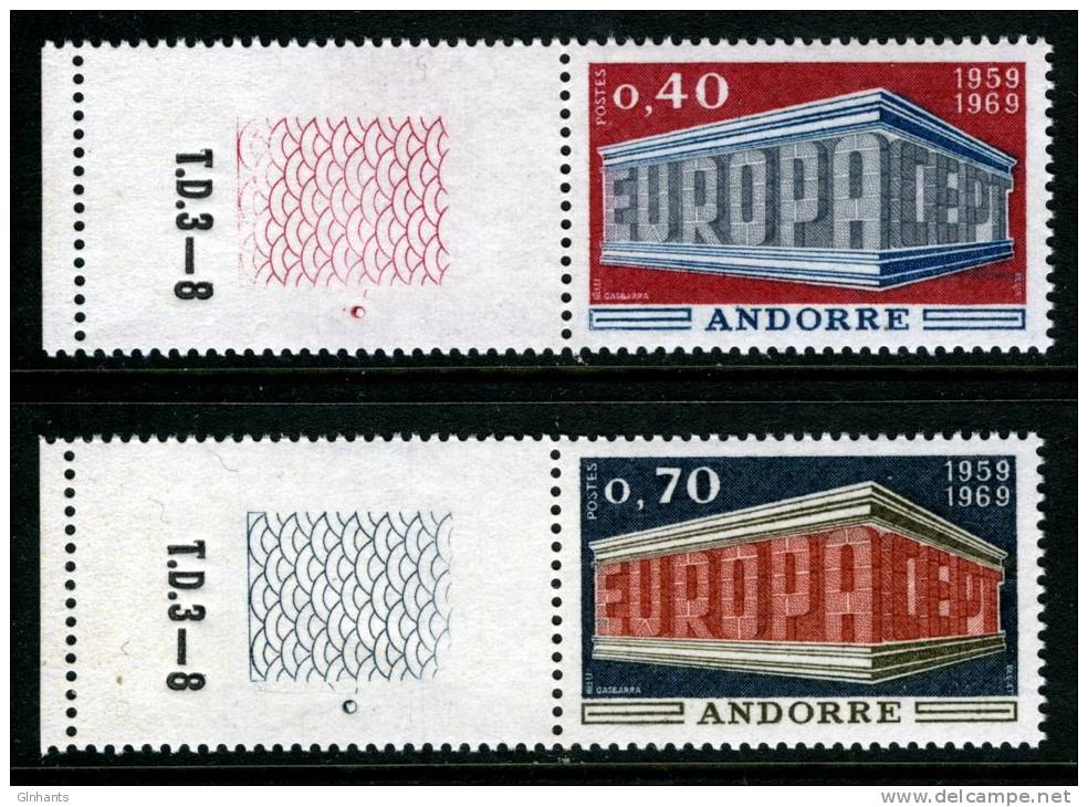 FRENCH ANDORRA - 1969 EUROPA CEPT SET OF 2 STAMPS WITH LEFT MARGIN FINE MNH ** - 1969