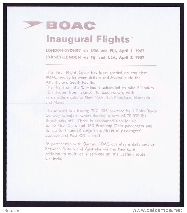1967  First BOAC Flight Australia - Fiji- USA- England  Eustis 1604   England  To Fiji  Cover With Original Insert - Covers & Documents