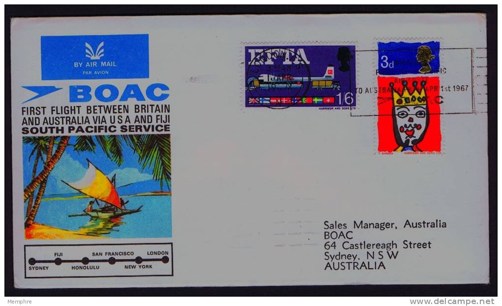 1967  First BOAC Flight Australia - Fiji- USA- England  Eustis 1602   England  To Australia  Cover With Original Insert - Covers & Documents