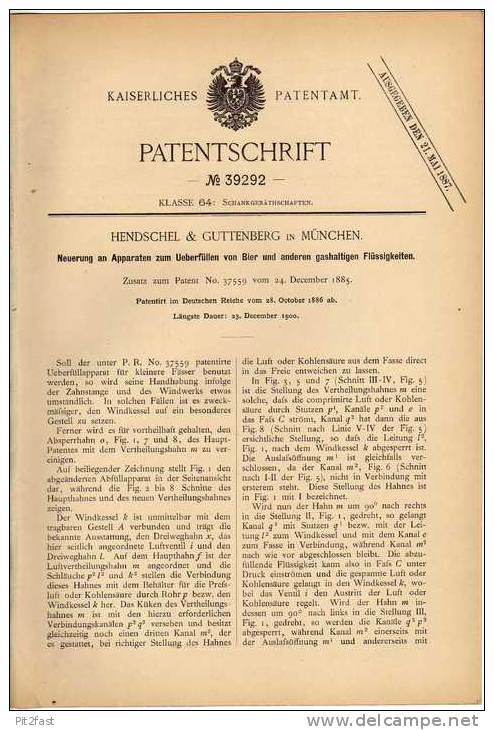 Original Patentschrift - Hendschel In München , 1886 , Zapfhahn , Bier Apparat , Oktoberfest !!! - Tools