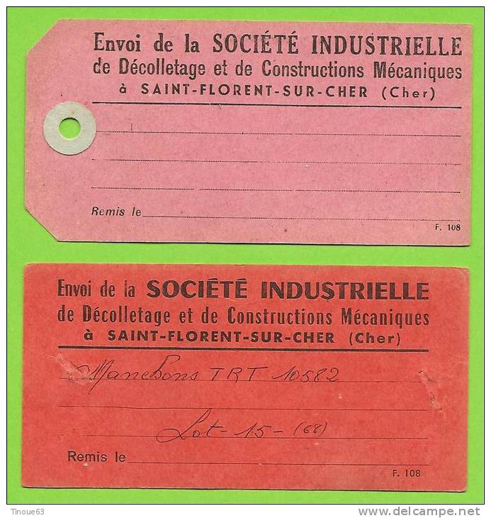 18 - SAINT FLORENT SUR CHER - 2 Etiquettes D'envoi De La Sté Industrielle De Décolletage Et De Constructions Mécaniques - Transportmiddelen