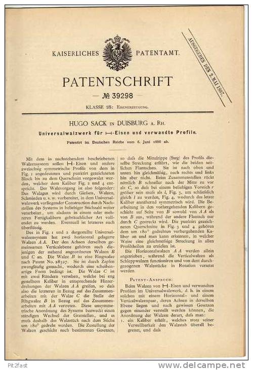 Original Patentschrift - H. Sack In Duisburg , Walzwerk , Walze , 1886 !!! - Tools