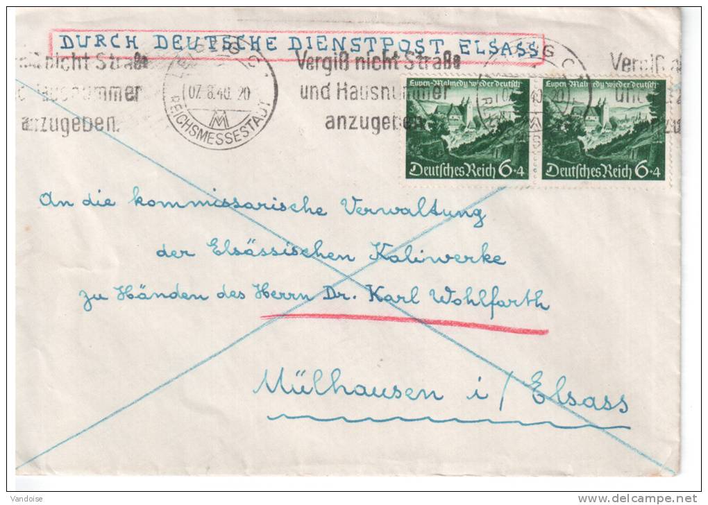 2 ENVELOPPES 1940 AVEC MENTION DURCH DEUTSCHE DIENSPOST ELSASS - Storia Postale