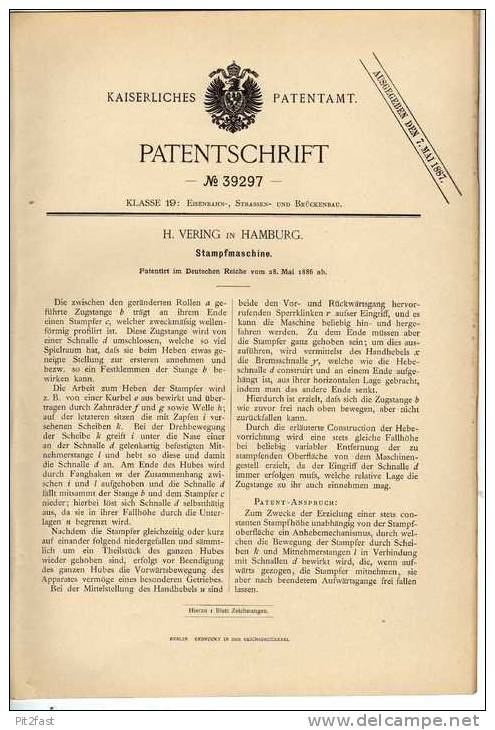 Original Patentschrift - Stampfmaschine , Eisenbahn , Bückenbau ,1886 , H. Vering In Hamburg  !!! - Máquinas