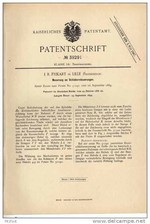 Original Patentschrift - F. Frikart In Lille , Frankreich , 1886 , Dampfmaschine Steuerung  !!! - Tools