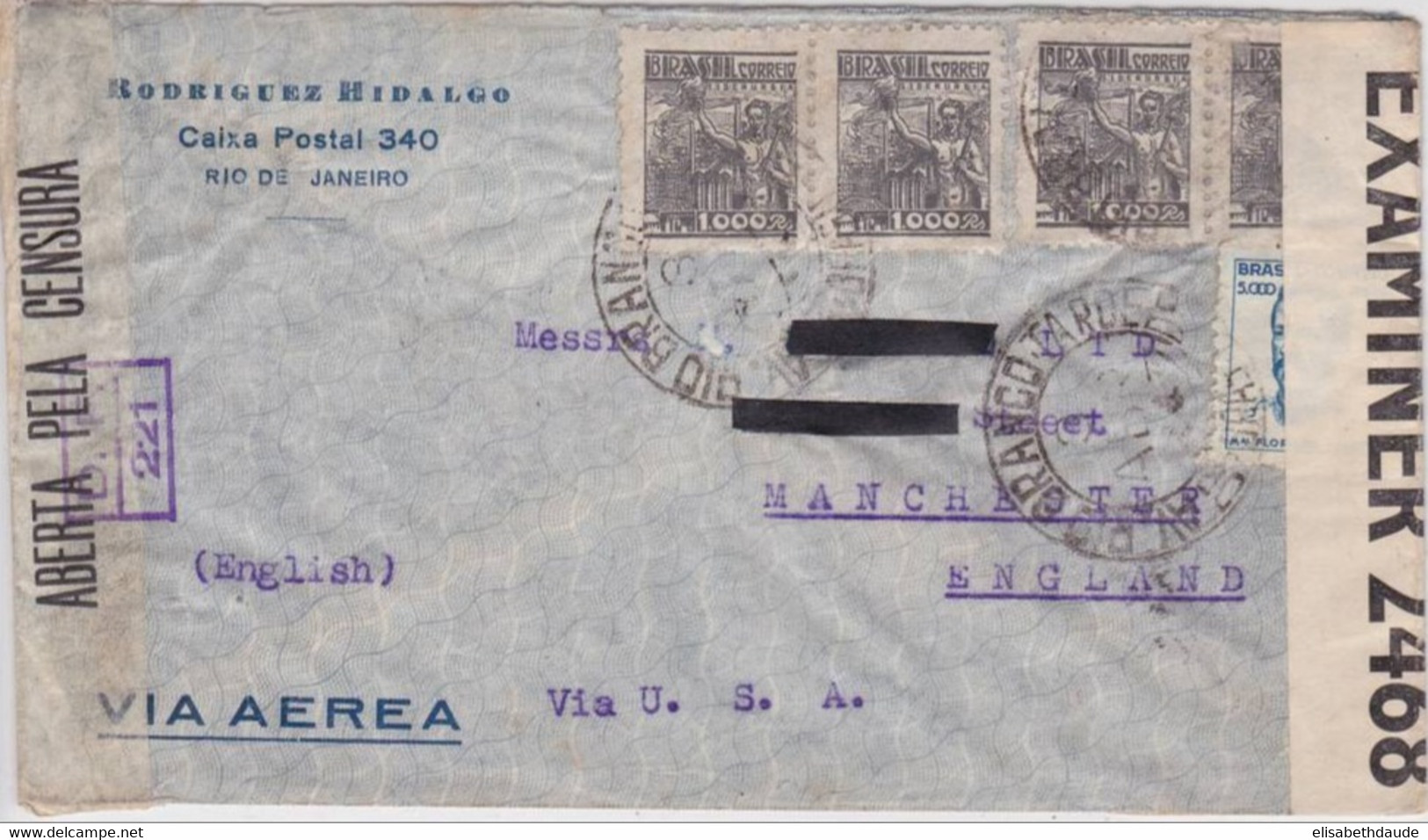 BRASIL - 1944 - ENVELOPPE Avec DOUBLE CENSURE De RIO Pour MANCHESTER (GB) Via USA - Storia Postale