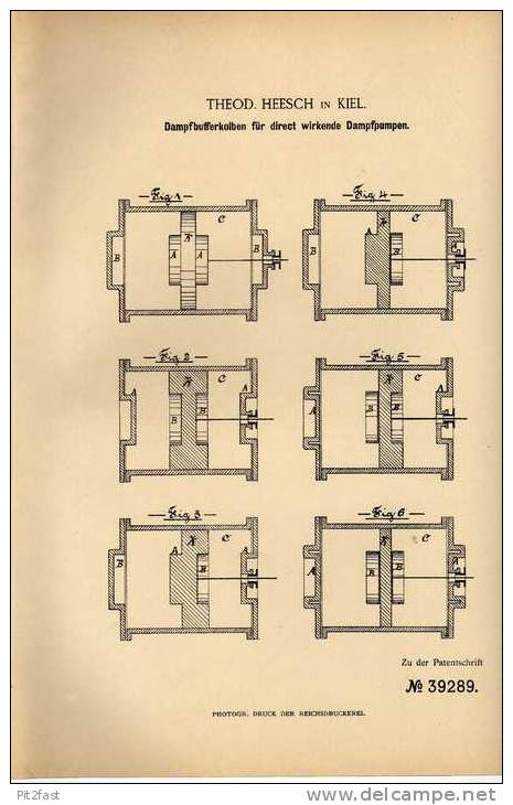 Original Patentschrift - Th. Heesch In Kiel , 1886 , Kolben Für Dampfpumpe !!! - Machines