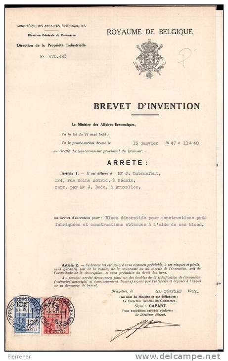 ROYAUME DE BELGIQUE _ BREVET D INVENTION CONCERNANT DES BLOCS DECORATIFS DATE 1947 - Diploma's En Schoolrapporten