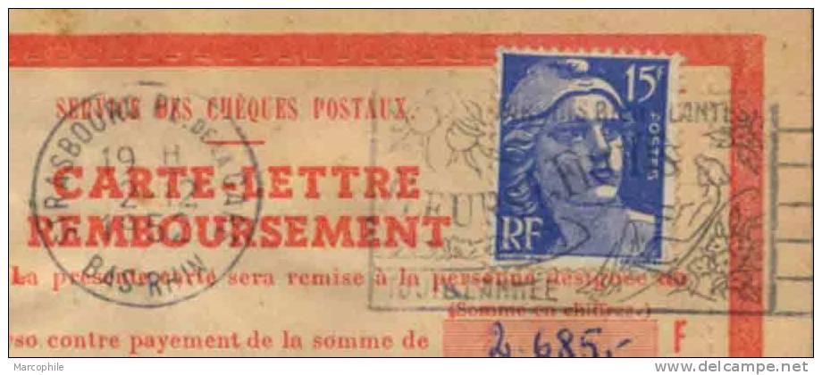 FRANCE - ALSACE - STRASBOURG - GANDON / 1952 CARTE CONTRE REMBOURSEMENT (ref 1308) - 1945-54 Marianne Of Gandon