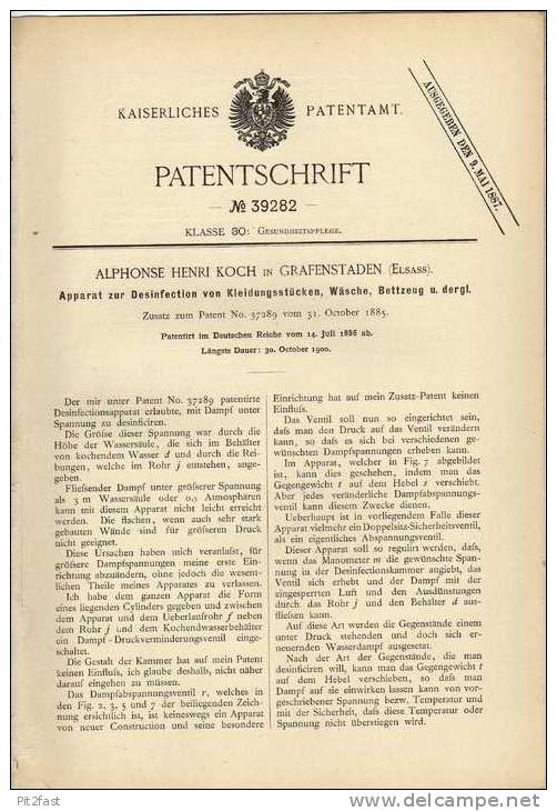 Original Patentschrift - A. Koch In Grafenstaden , Elsass , 1886 , Desinfectionsapparat , Illkirch - Graffenstaden !!! - Machines
