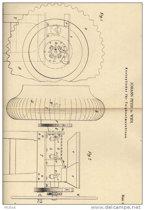 Original Patentschrift -  J. Peyer In Wien , 1886, Teigknetmaschine , Bäckerei , Bäcker !!! - Máquinas