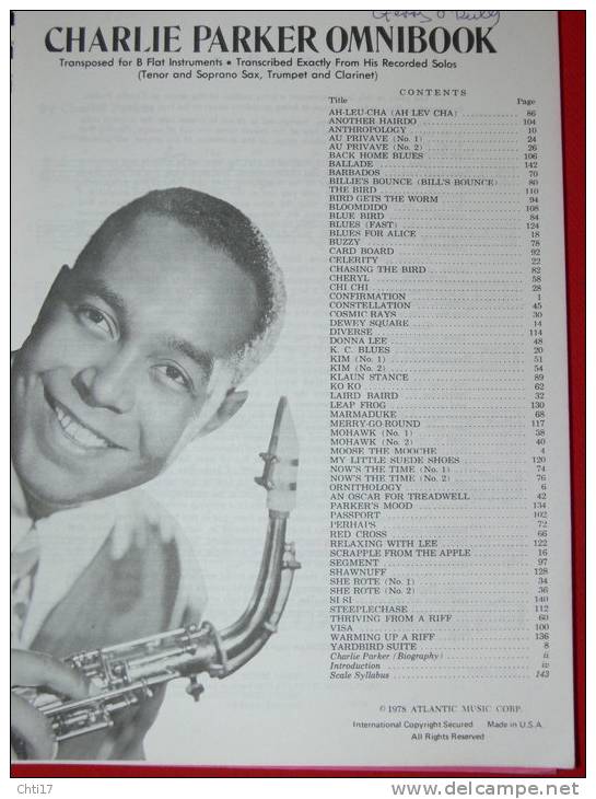 CHARLIE PARKER OMNIBOOK PARTITIONS JAZZ TENOR AND SOPRANO SAX 60 SOLOS  142 PAGES EDIT  EN 1978 - Jazz