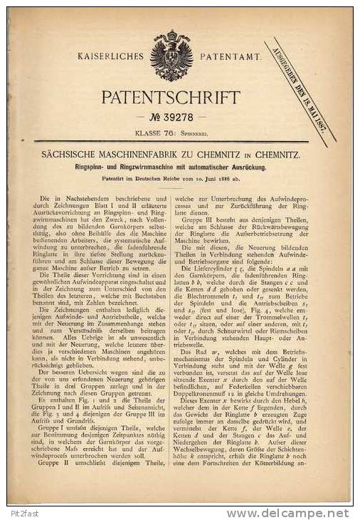 Original Patentschrift - Sächs. Maschinenfabrik In Chemnitz , 1886 , Spinnmaschine , Spinnerei !!! - Macchine