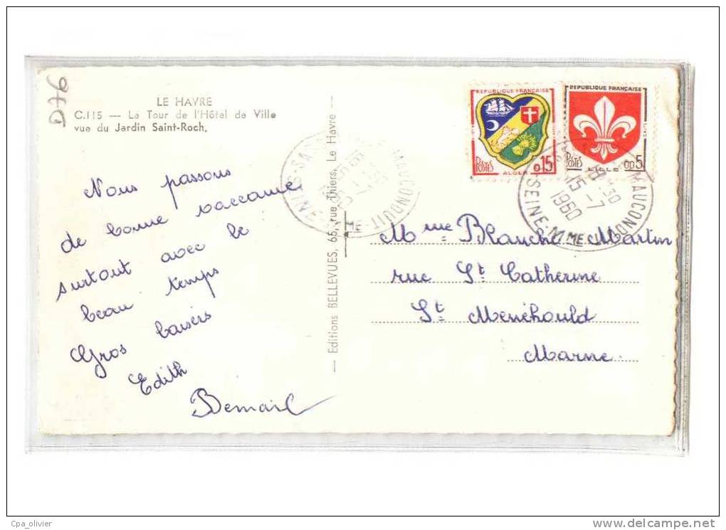76 LE HAVRE Tour De L'Hotel De Ville, Vue Prise Du Jardin St Roch, Ed Bellevues 115, CPSM 9x14, 1960 - Saint-Roch (Plein)