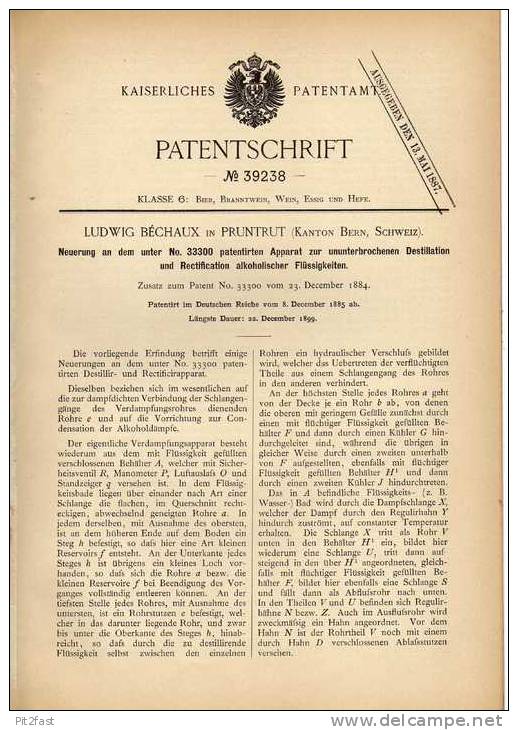 Original Patentschrift - L. Béchaux In Pruntrut , Kanton Bern , 1885 , Destillation Von Alkohol !!! - Machines