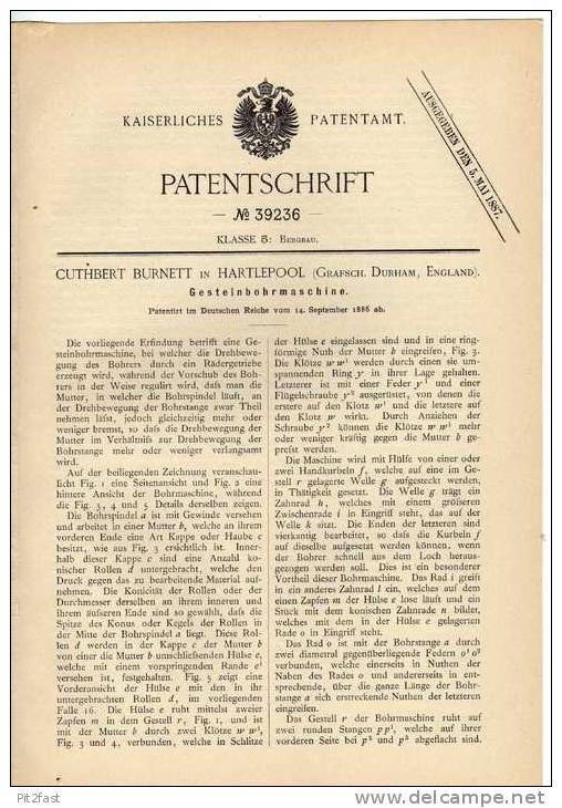 Original Patentschrift - Gesteinbohrmaschine , Bergbau , 1886 , C. Burnett In Hartlepool  !!! - Macchine