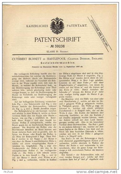 Original Patentschrift - Gesteinbohrmaschine , Bergbau , 1886 , C. Burnett In Hartlepool  !!! - Tools