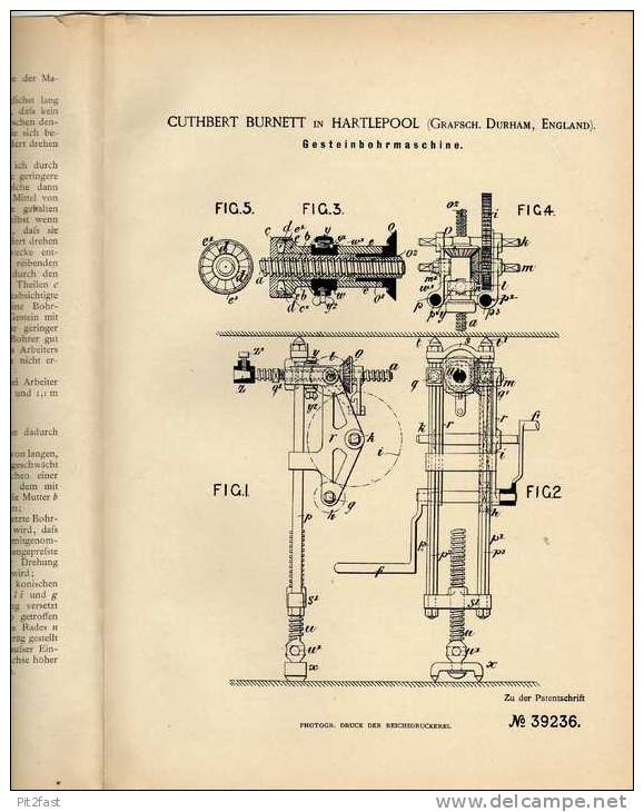 Original Patentschrift - Gesteinbohrmaschine , Bergbau , 1886 , C. Burnett In Hartlepool  !!! - Maschinen