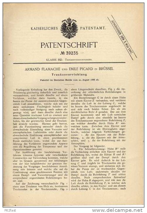 Original Patentschrift - E. Picard In Brüssel , 1886 , Trockenvorrichtung !!! - Macchine