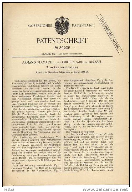 Original Patentschrift - E. Picard In Brüssel , 1886 , Trockenvorrichtung !!! - Machines