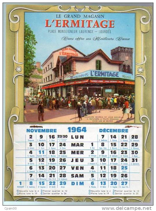 CALENDRIER GF 1964 - Grand Magasin L´ Hermitage à Lourdes (P.A. 64) - Grand Format : 1961-70