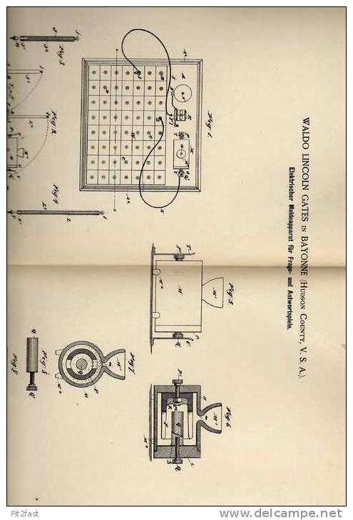 Original Patentschrift -  Elektr. Frage- Und Antwortspiel , 1886 , W. Gates In Bayonne !!! - Antikspielzeug