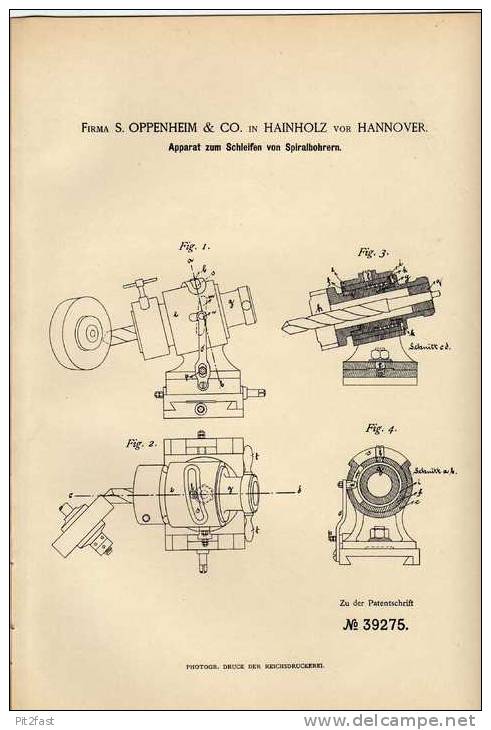 Original Patentschrift -  S. Oppenheim In Hainholz Vor Hannover , 1886 , Apparat Zum Bohrer Schleifen !!! - Tools