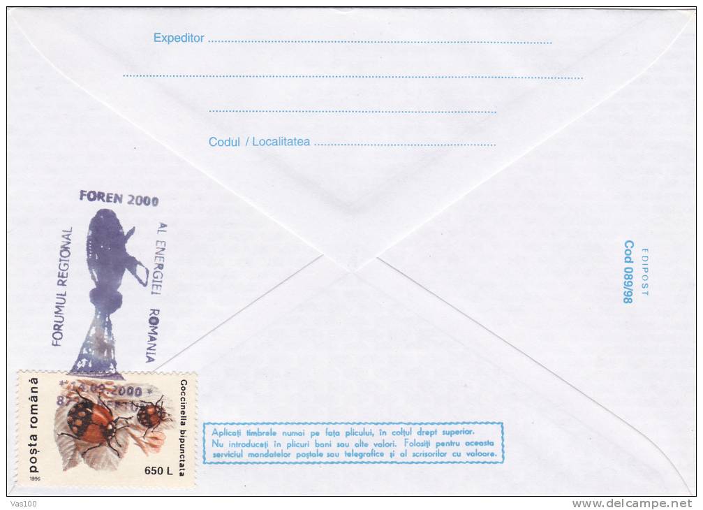 EOLIAN ENERGY, 2000, COVER STATIONERY, ENTIER POSTAL, OBLITERATION CONCORDANTE, ROMANIA - Elektriciteit